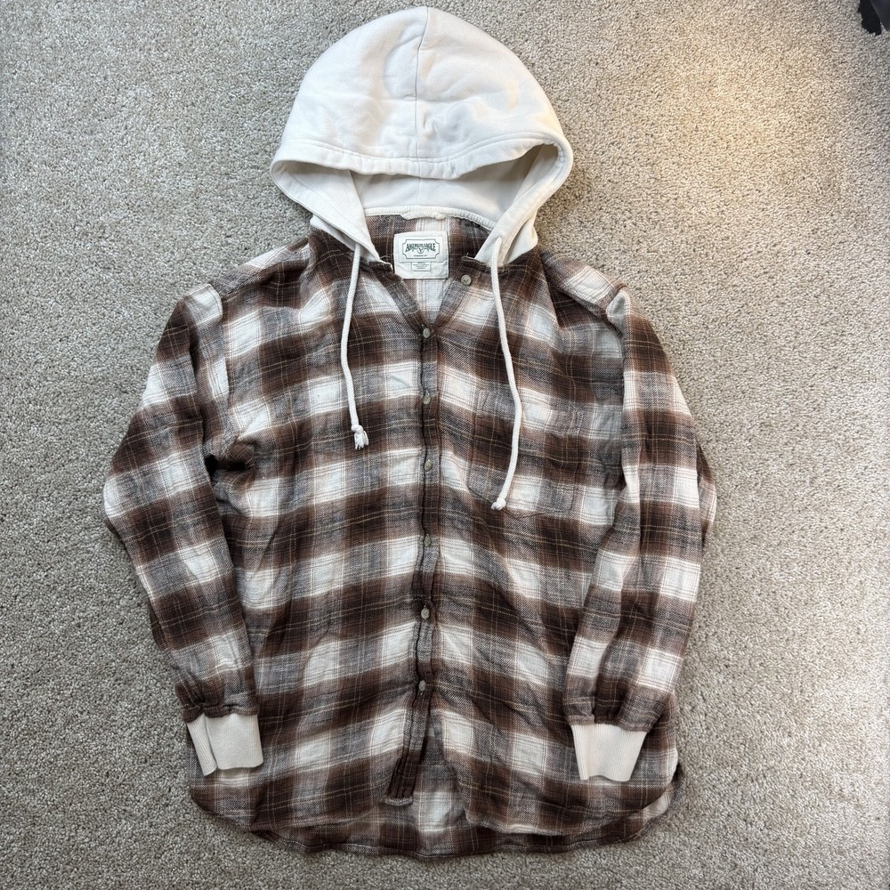 American Eagle Outfitters Shirt Mens Medium Brown Plaid Hooded Flannel Button-Up